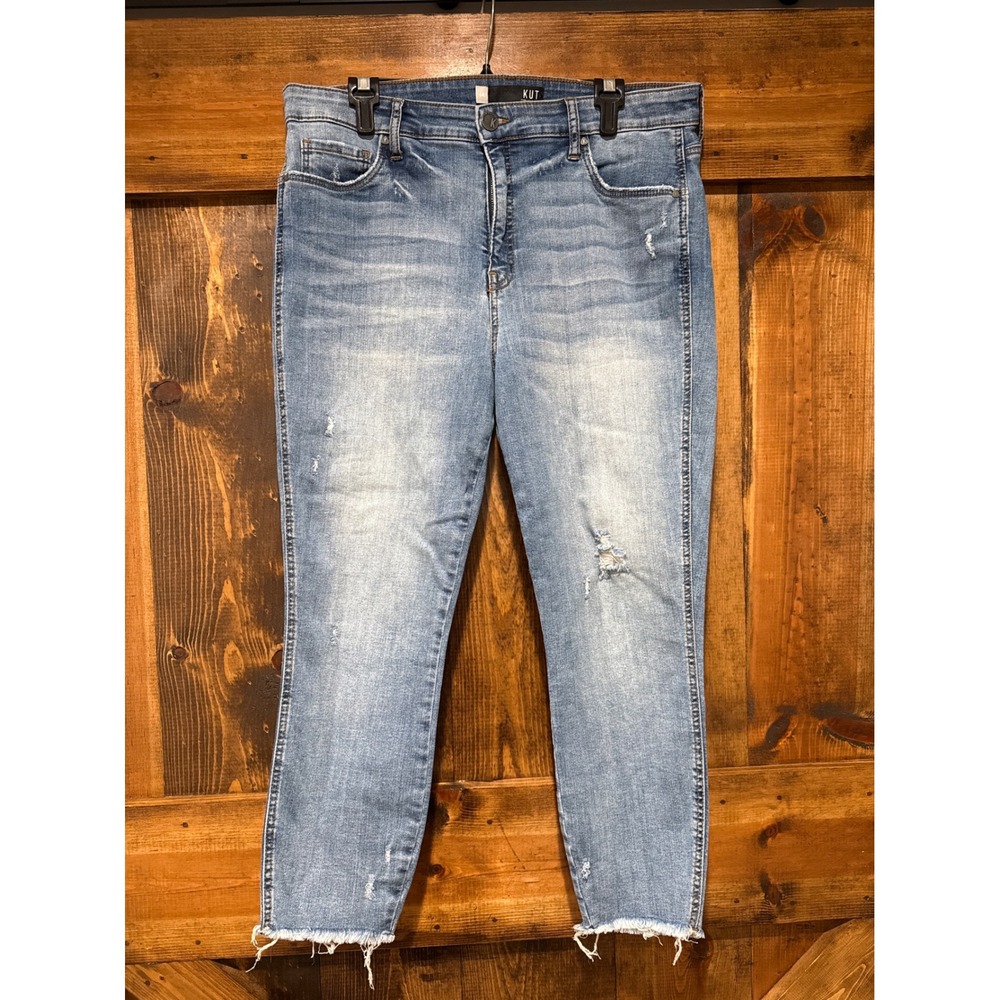 Kut from the Kloth Connie High Rise Fab Ab Crop Jeans Medium Wash Distressed 14